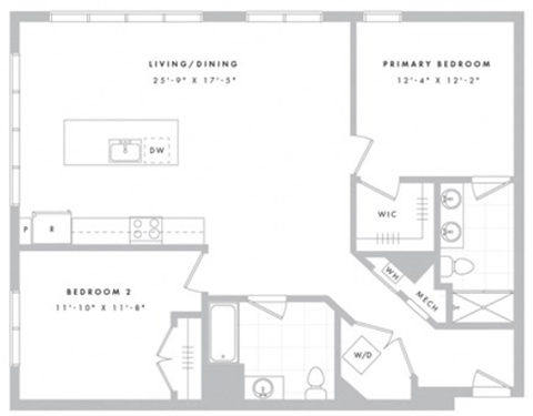 Floor plan for 2 beds, 2 baths, 1226 sqft
